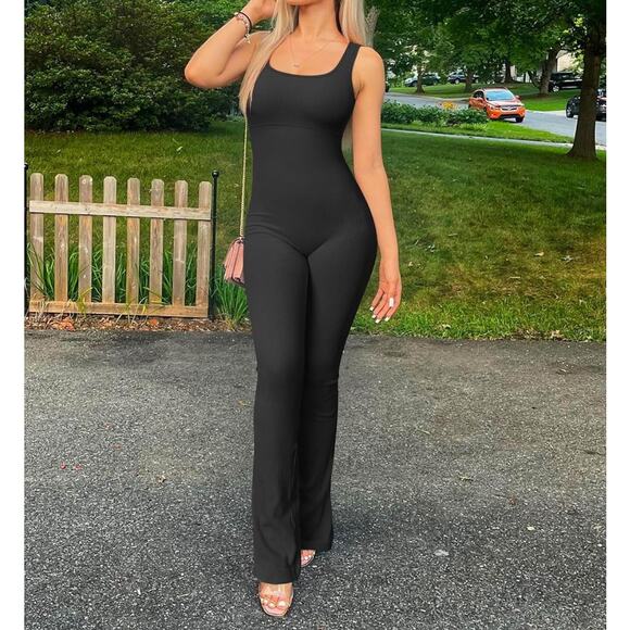 NWOT OQQ size medium black womens sleeveless ribbed yoga jumpsuit - Picture 2 of 5